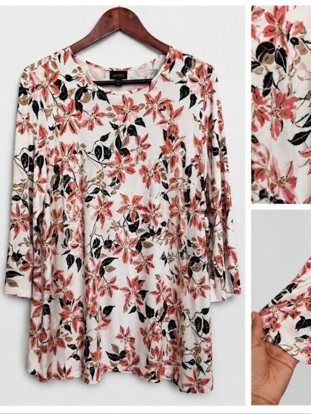 J. Jill Wearever Collection Floral Tunic Top Women’s 1X Pink Black Stretch 3/4